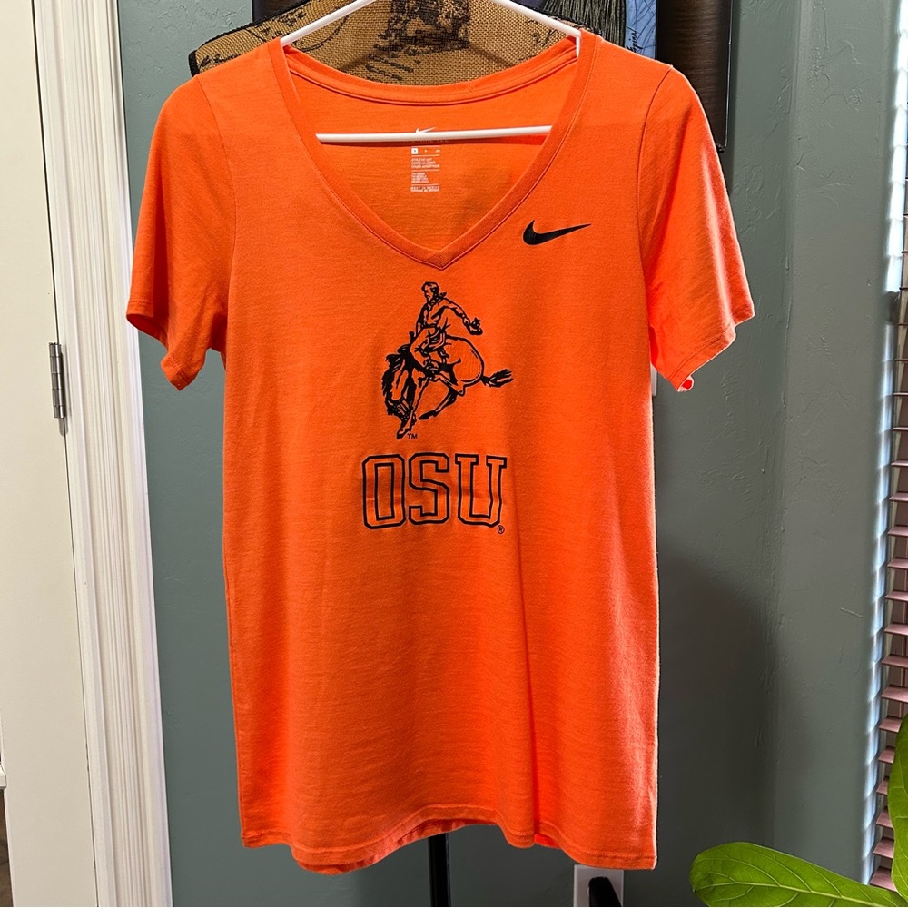 NIKE OSU Orange V Neck T Shirt Womens Small Cowboy